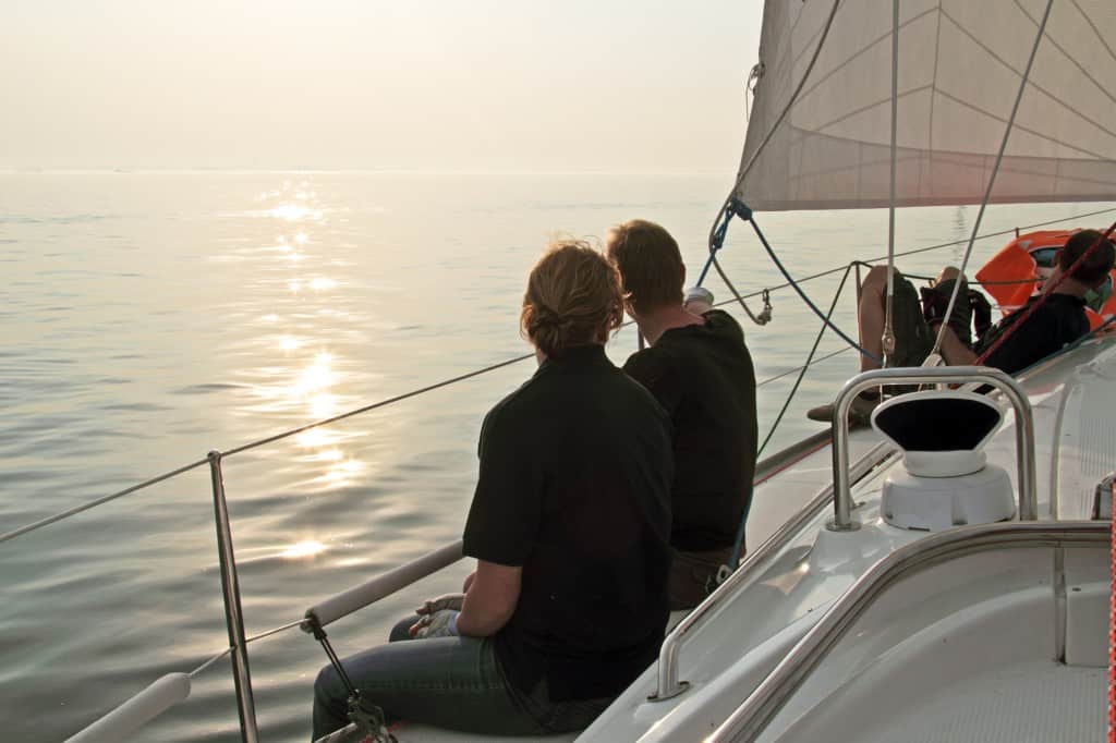 Sailing on the IJsselmeer in the Netherlands at sunset